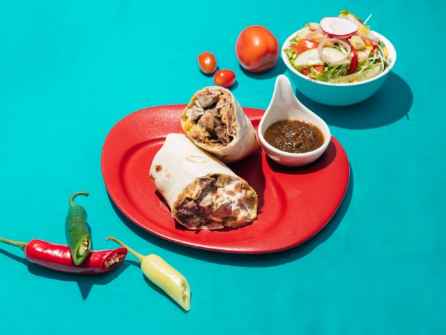 Rico Taco_Burrito with marinated grilled beef, guacamole, pico de gallo, sour cream, black salsa_menu_image