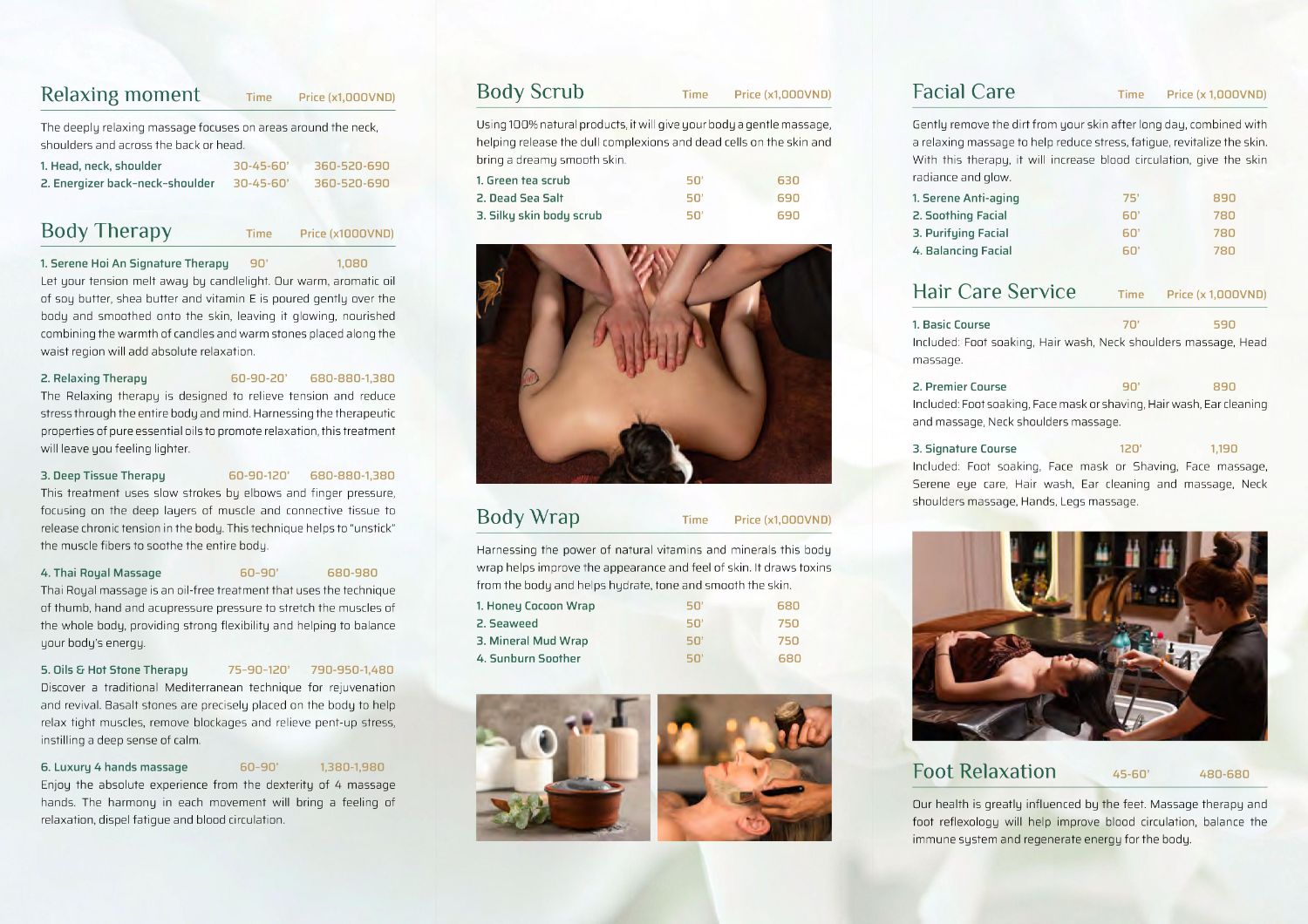 Serene spa hoian_menu_picture